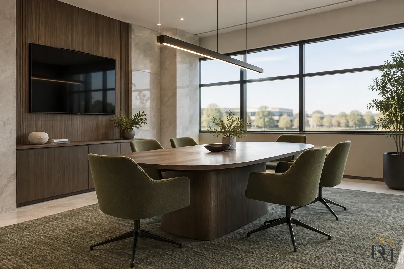 Oval wood conference table with green upholstered swivel chairs, a linear pendant and broad black-framed windows.