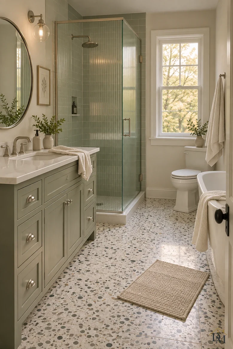 View one: a cream towel hangs over the sage vanity edge and the bath mat sits crooked on the terrazzo.