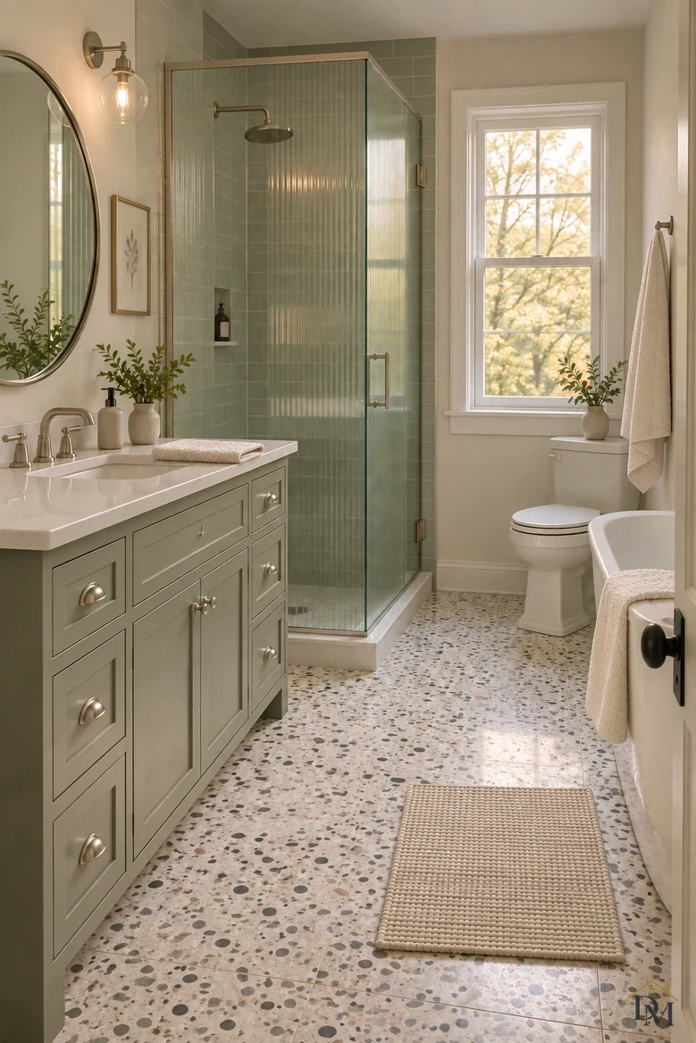 View two: the towel is folded on the sage vanity and the mat lines up on the terrazzo floor.