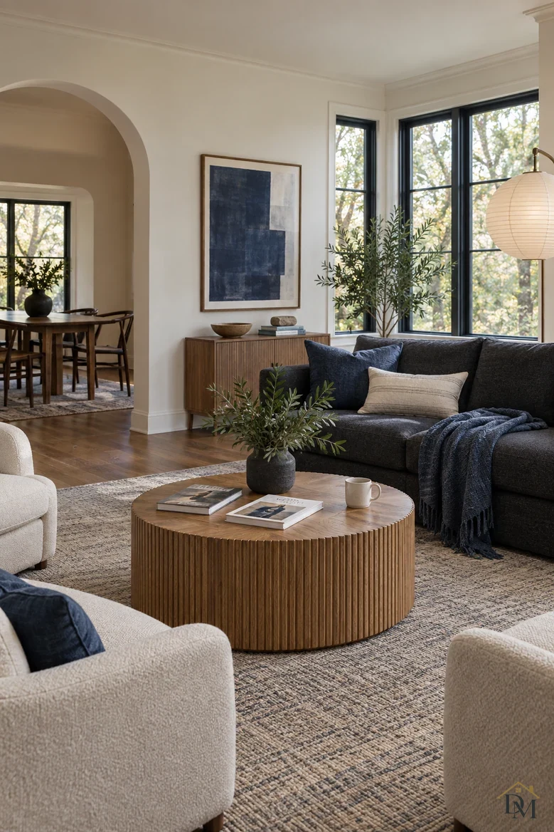 View one: two magazines and a mug sit on the fluted round table, a navy throw across the charcoal sofa.
