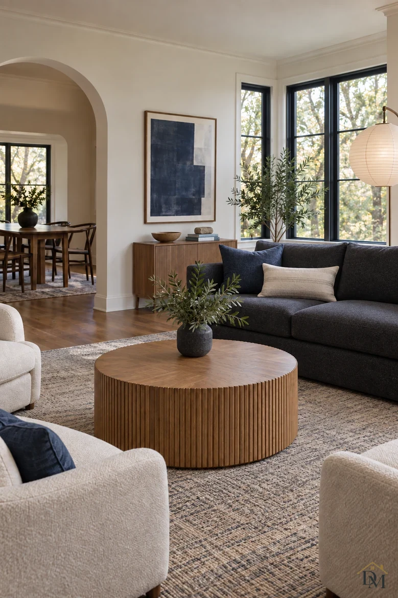 View two: the fluted table holds just the olive-branch vase, and the navy throw is put away.