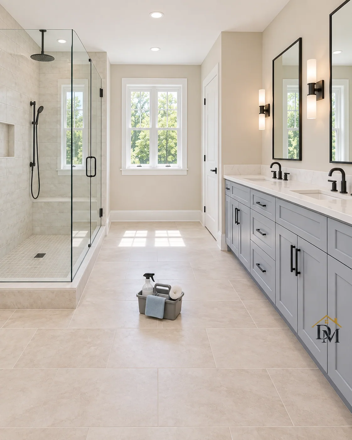 Mid-clean: supplies on the tile beside the long gray vanity.