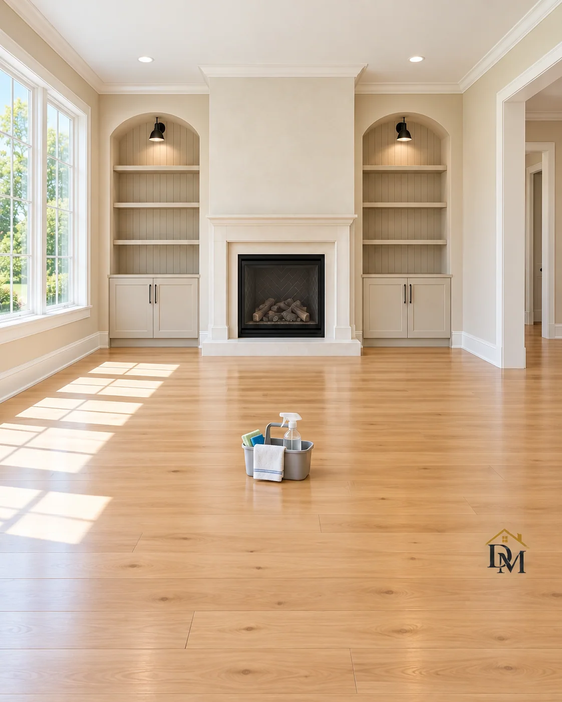 Mid-clean: the supply caddy sits in the empty fireplace room.