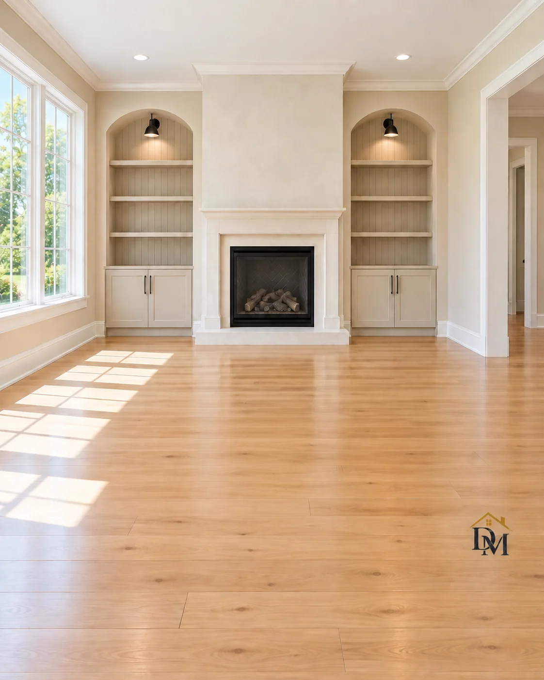 At hand-back: room empty and floor clear by the arched shelves.