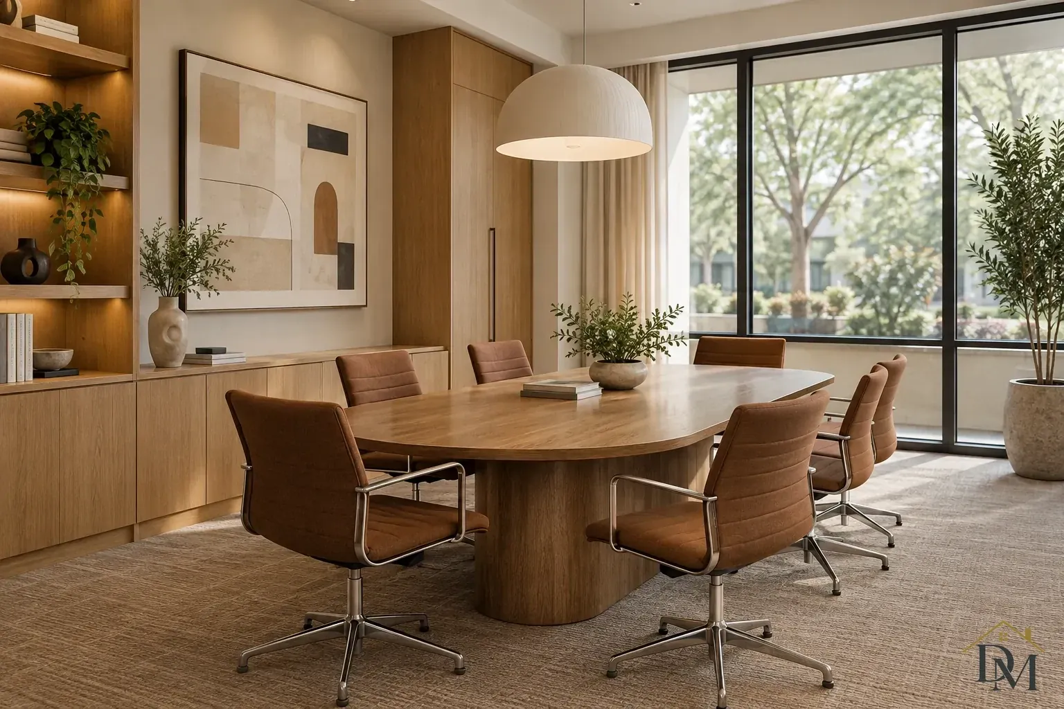Oval wood conference table with brown swivel chairs, a white dome pendant and broad black-framed windows.