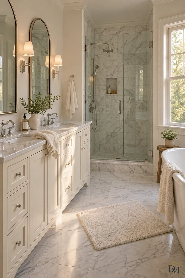 View A: a cream towel draped over the marble vanity edge and the bath mat turned at an angle.