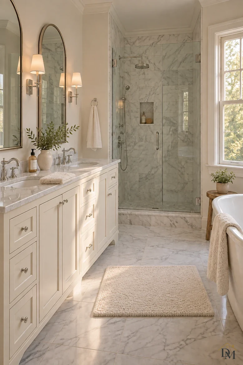 View B: towel folded on the counter and the mat lying square on the marble floor.