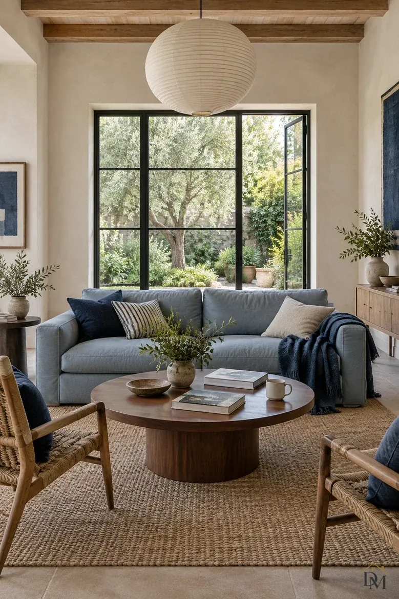 View A: a navy throw over the blue sofa arm, with two books and a mug on the round wood table.
