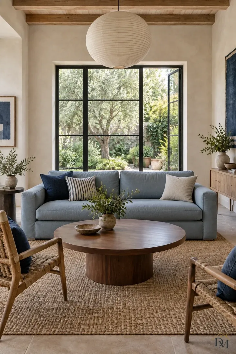 View B: throw put away and the round table holding just the plant and a wood bowl.