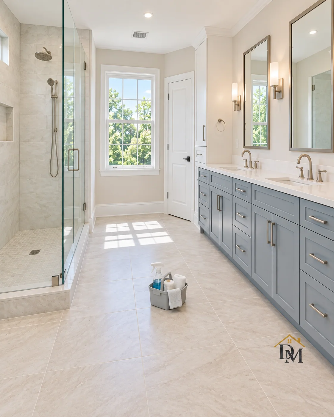 Before move-in: the caddy on the tile between the glass shower and gray-blue double vanity.