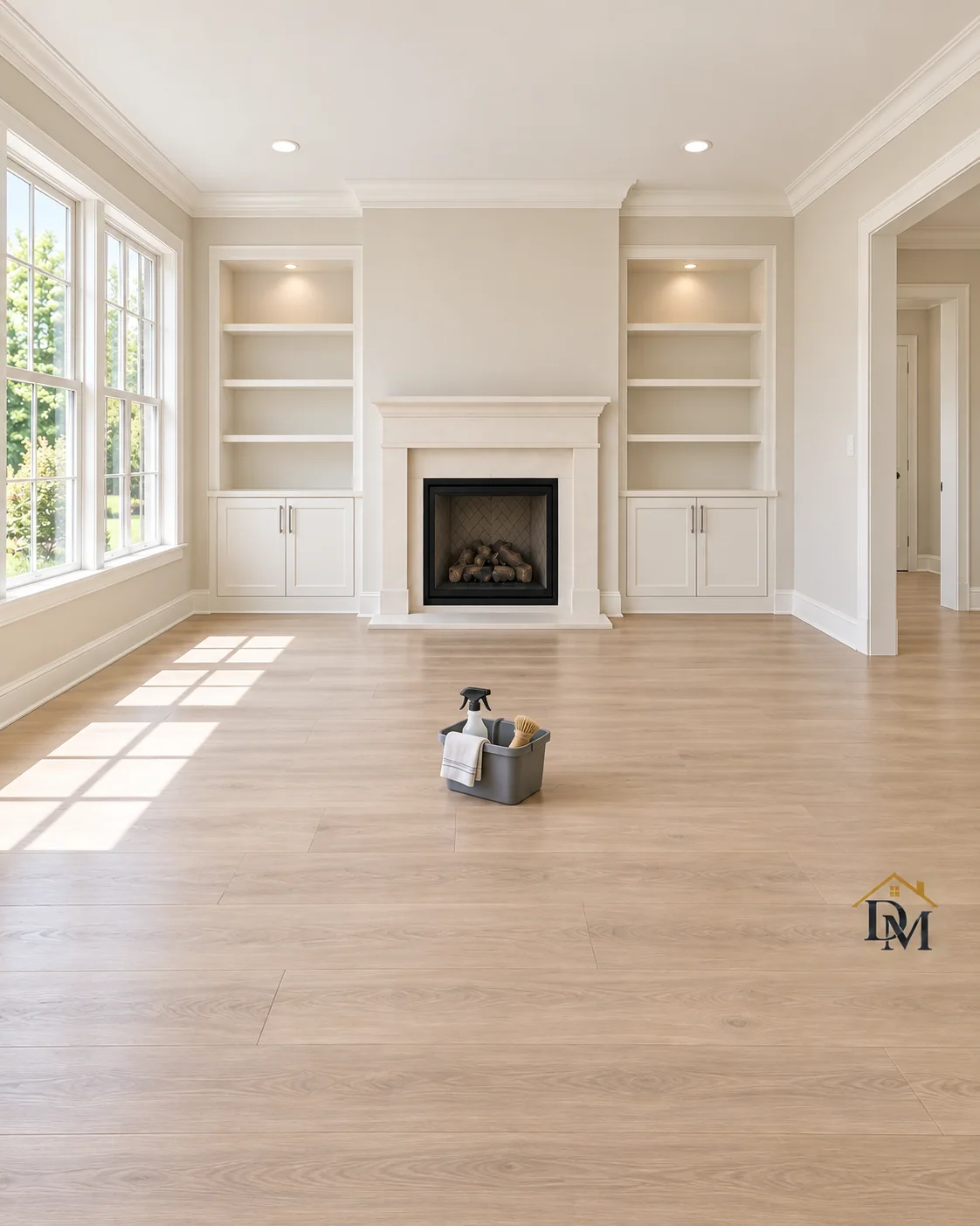Before move-in: our supply caddy on the wood floor facing the fireplace and built-ins.