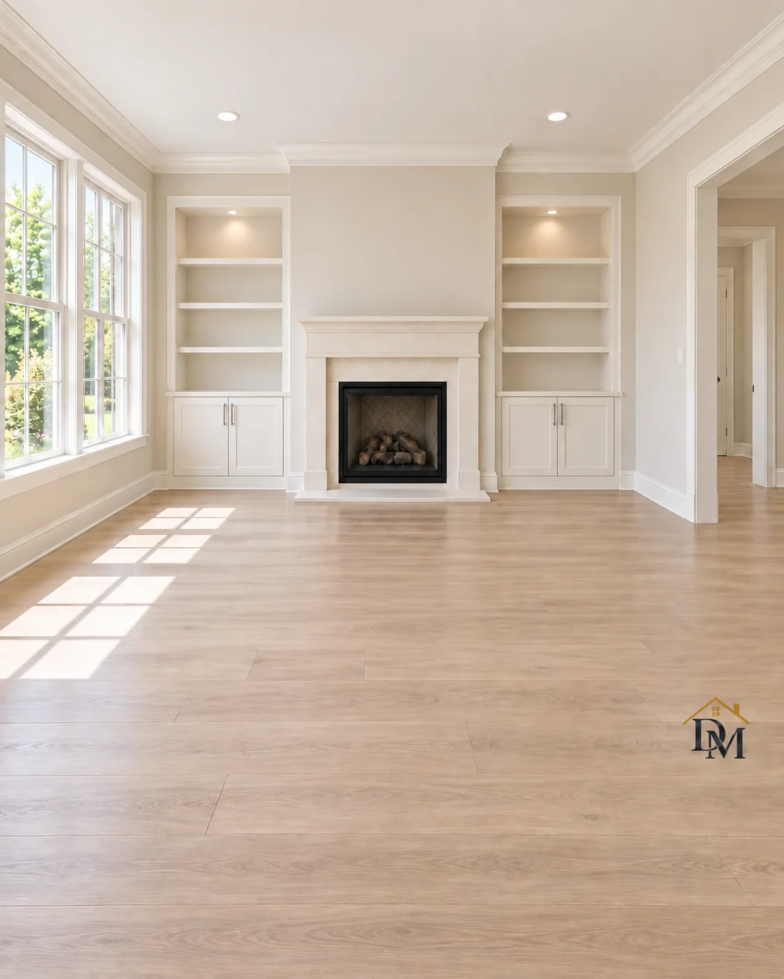 Ready for the sofa to come in: no caddy, bare wood floor.