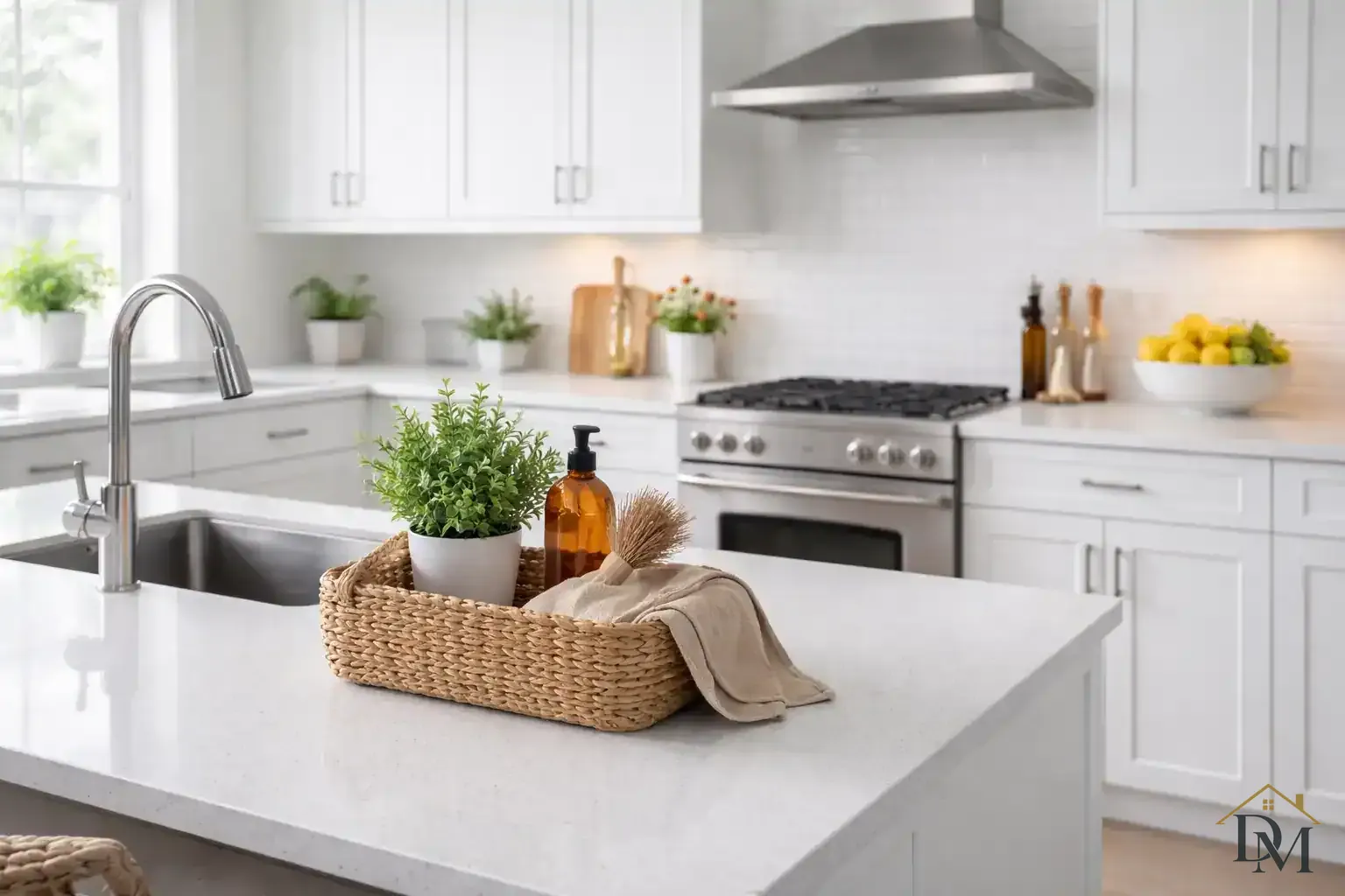 Kitchen counter with a tray, soap bottle and cloth