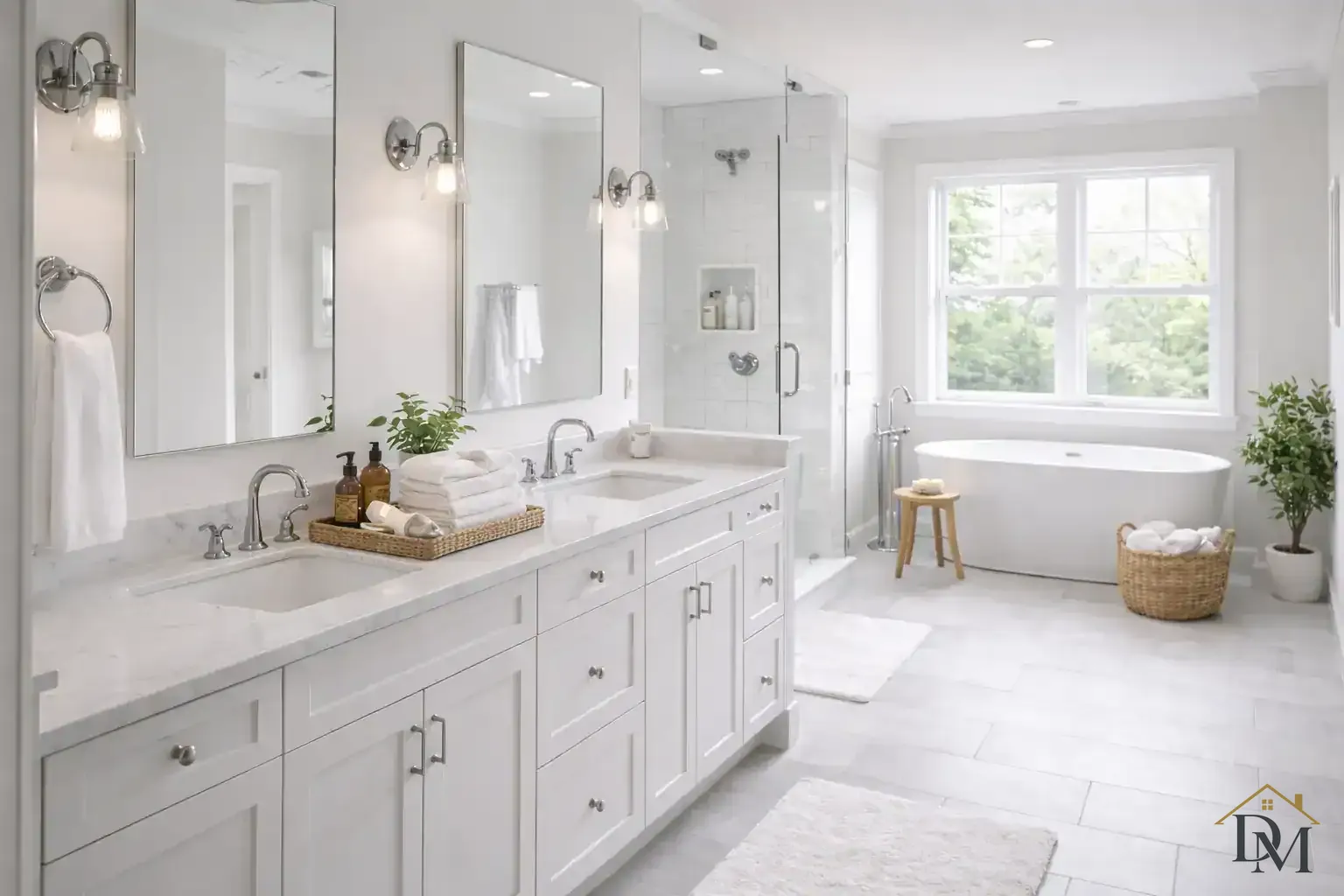 Bright bathroom with a glass shower, freestanding bathtub and double vanity